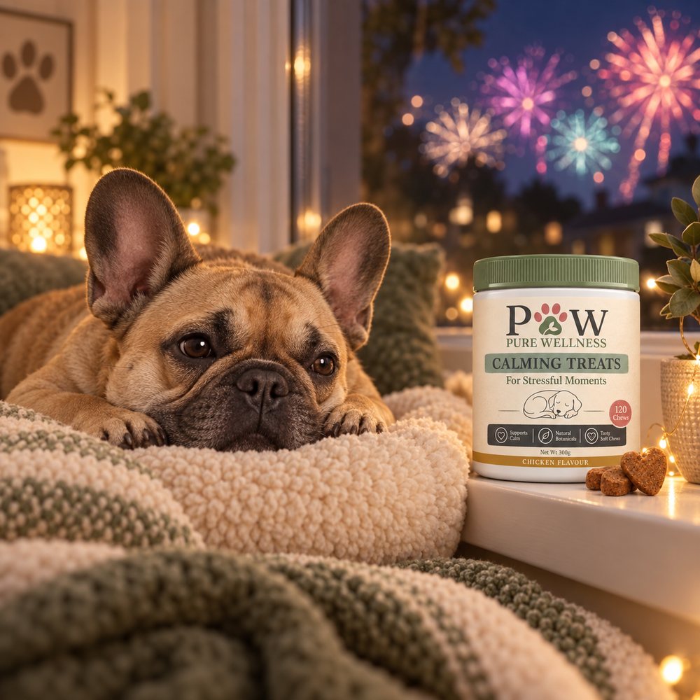 Dog relaxing at home during fireworks and storms