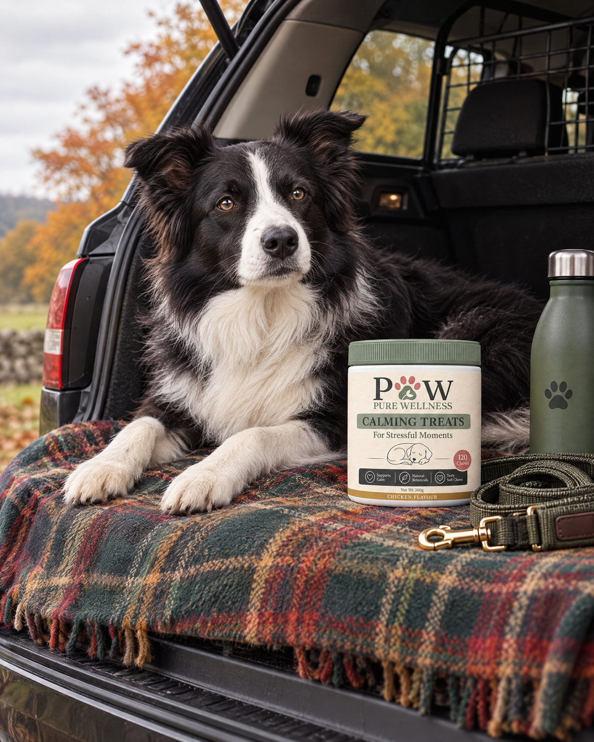 A settled border collie in the car boot ready for a trip