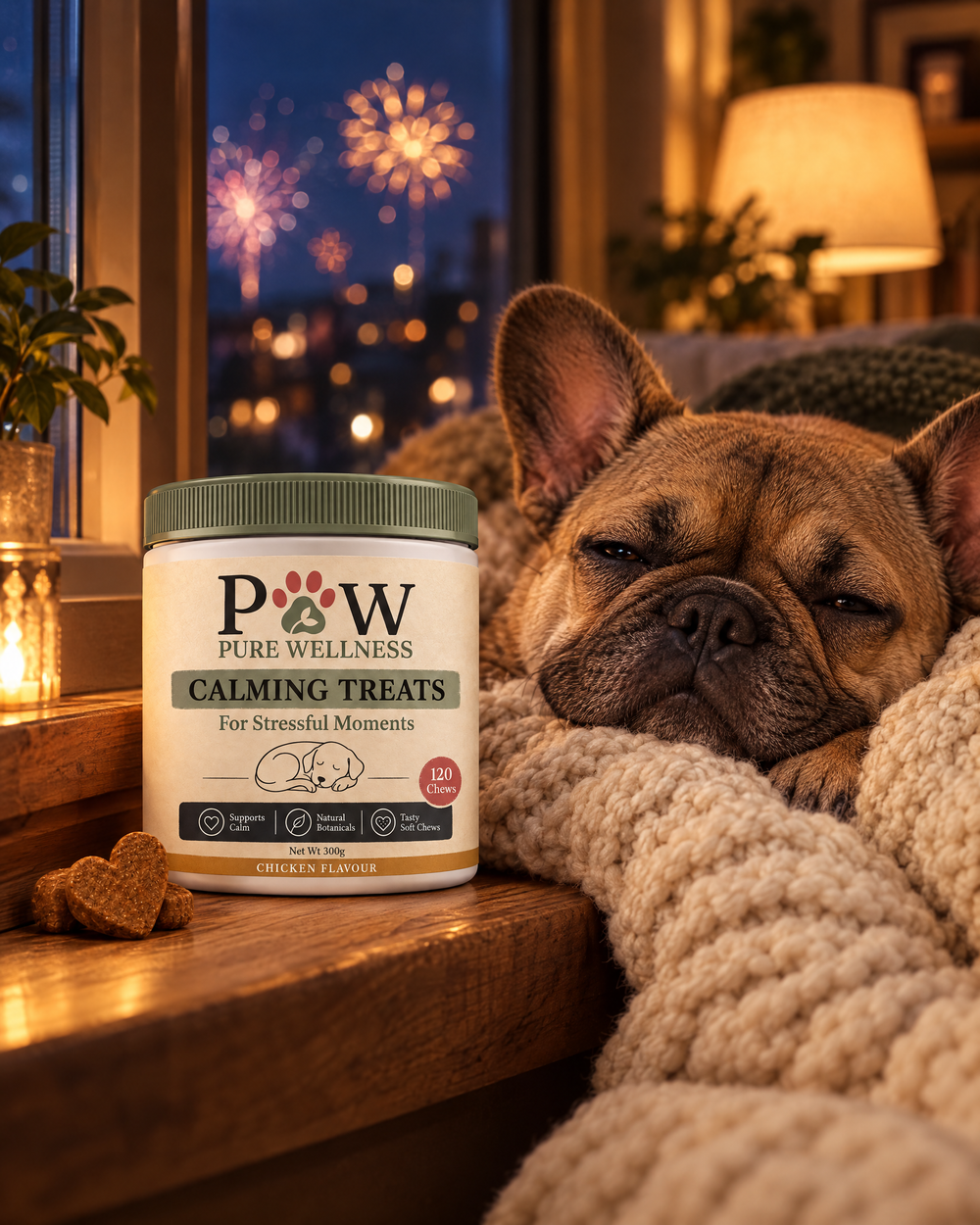 A relaxed French bulldog on a blanket while fireworks glow outside