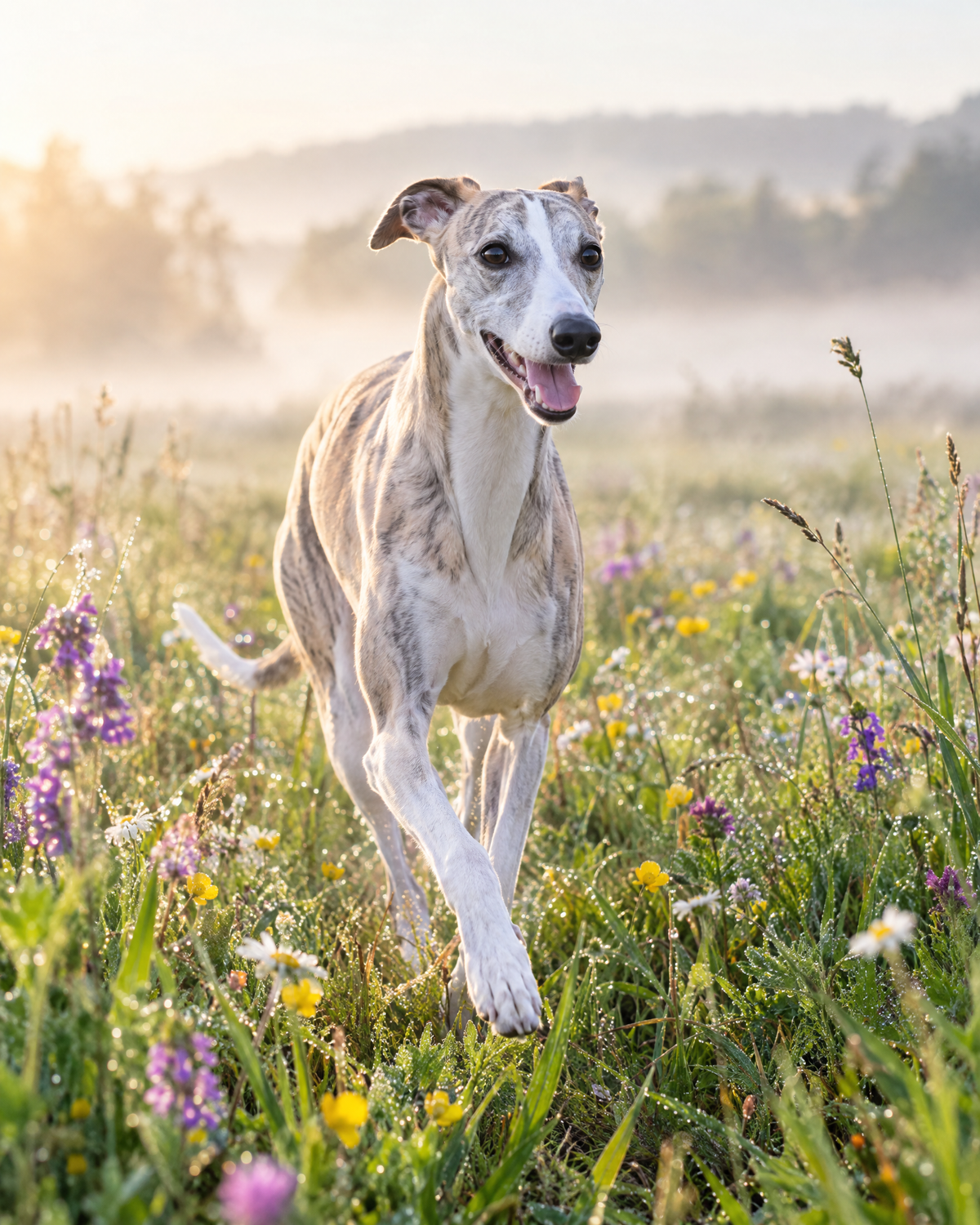 A happy whippet trotting through a wildflower meadow
