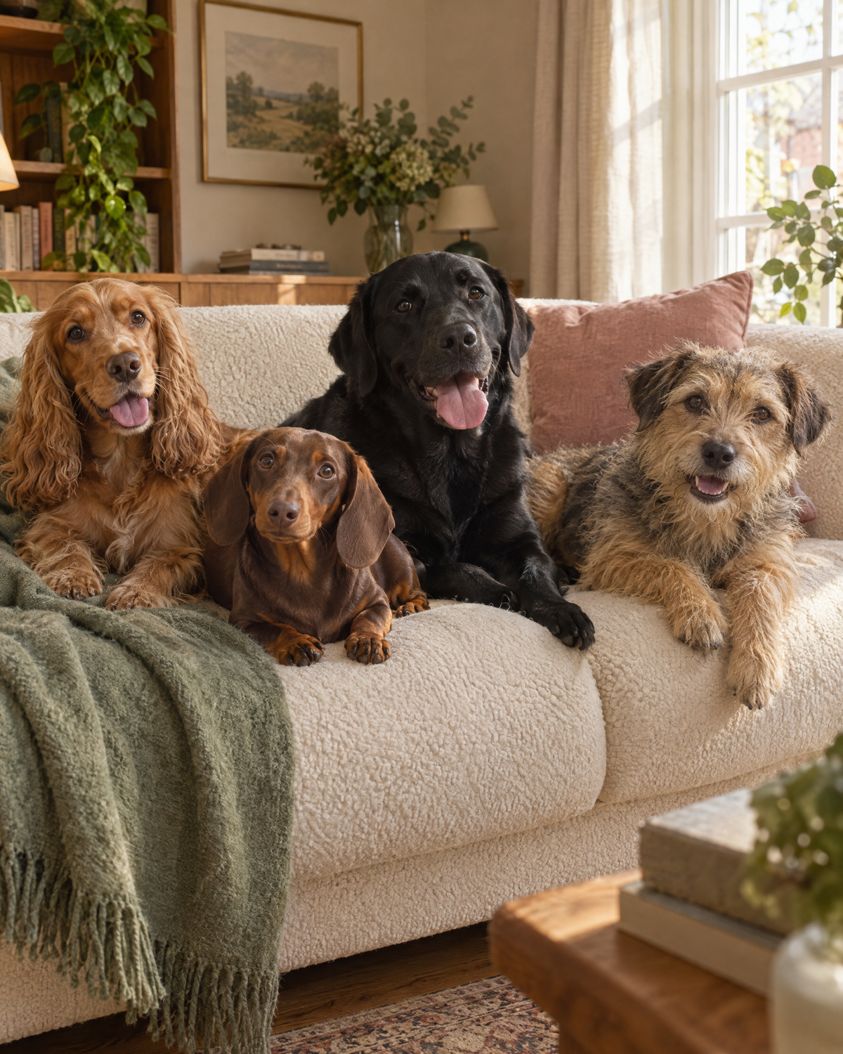 Four happy dogs relaxing together on a cream sofa