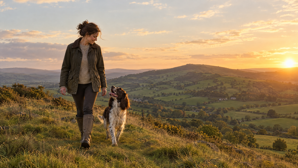 Walking a springer spaniel in the Shropshire Hills at golden hour