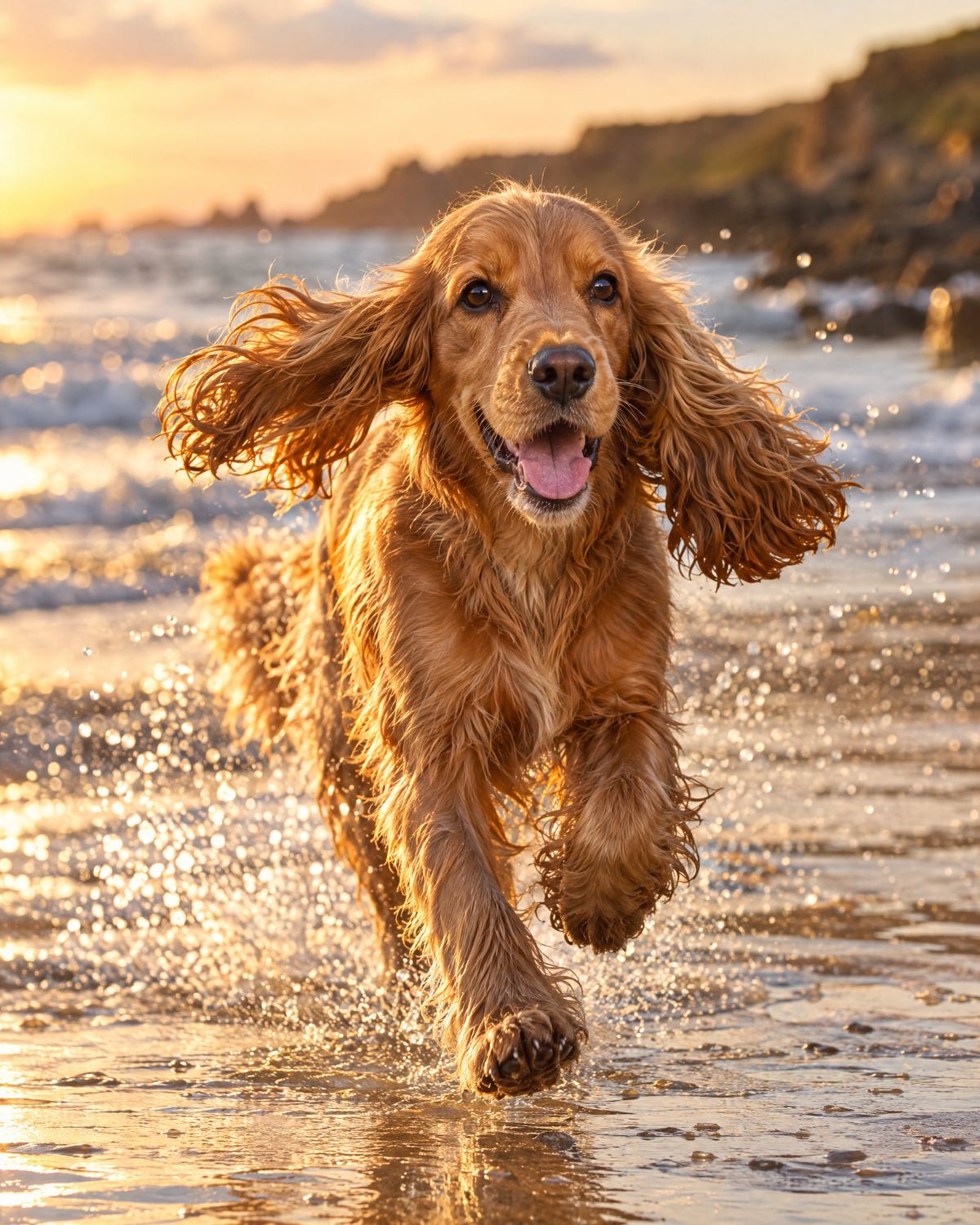 A golden cocker spaniel running on the beach