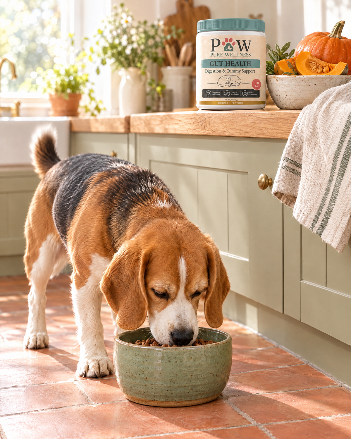 A happy beagle eating from a stoneware bowl