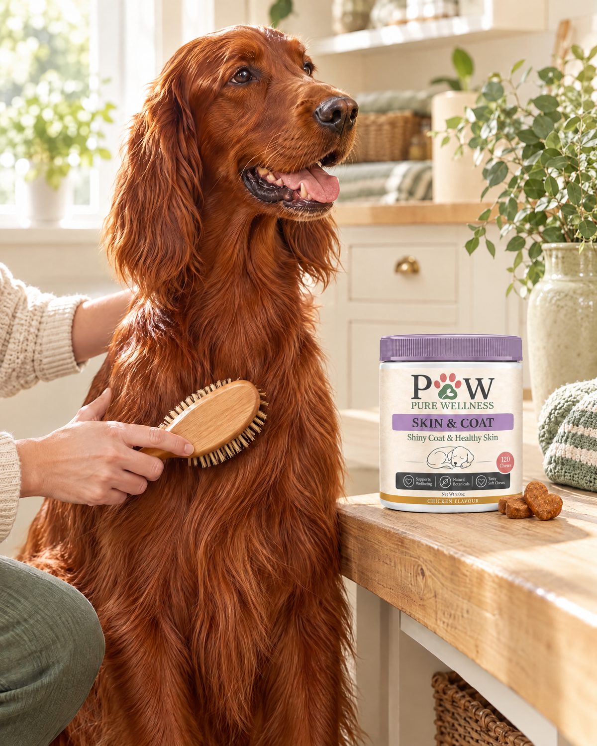 A red setter with a glossy coat being brushed
