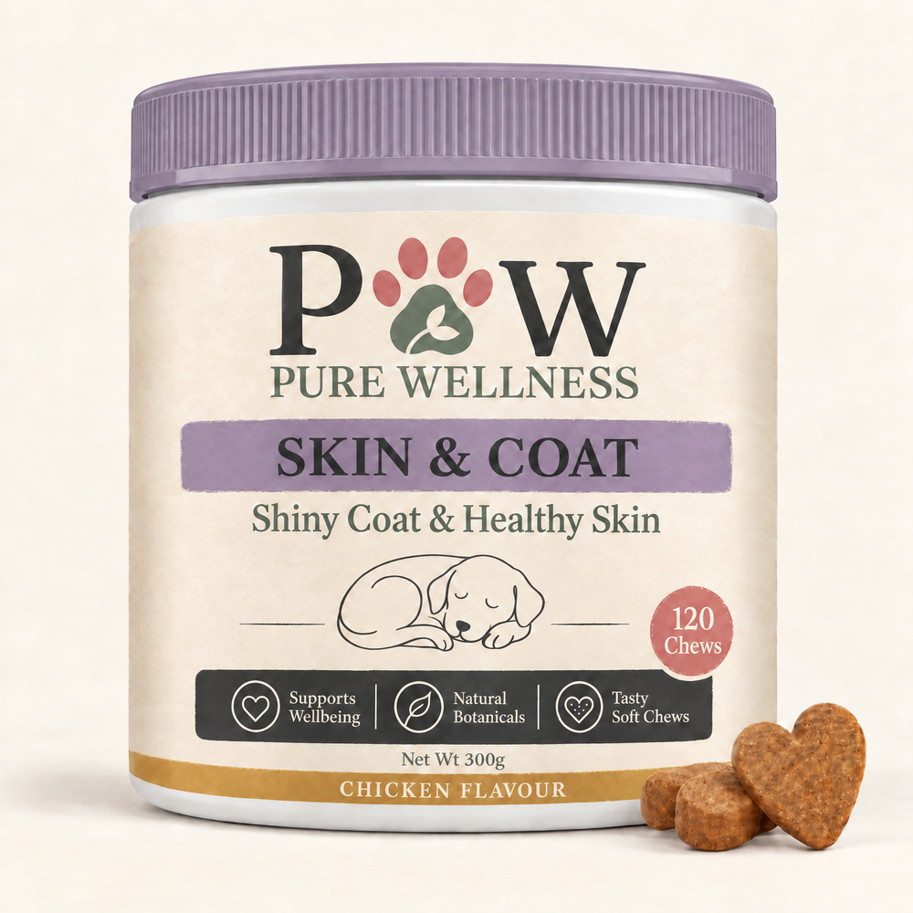 Paw Pure Wellness Skin & Coat supplement chews for dogs, Chicken flavour jar