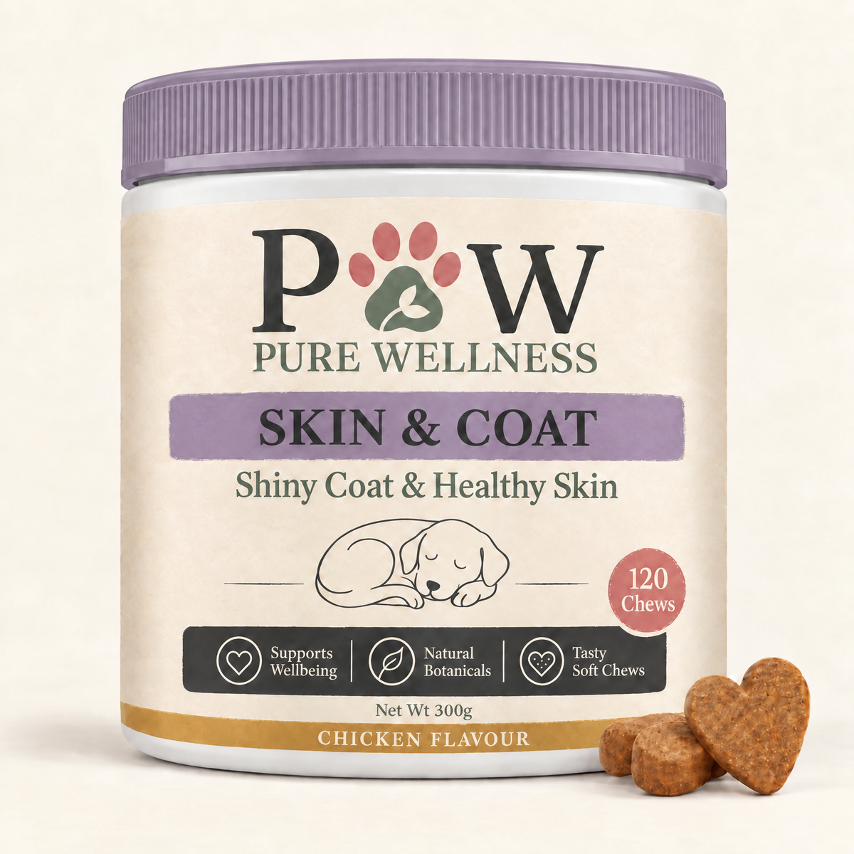 Paw Pure Wellness Skin & Coat supplement chews for dogs, Chicken flavour jar