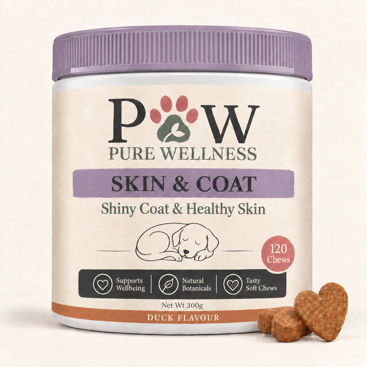 Paw Pure Wellness Skin & Coat supplement chews for dogs, Duck flavour jar