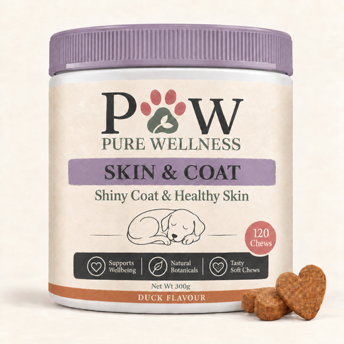 Paw Pure Wellness Skin & Coat supplement chews for dogs, Duck flavour jar