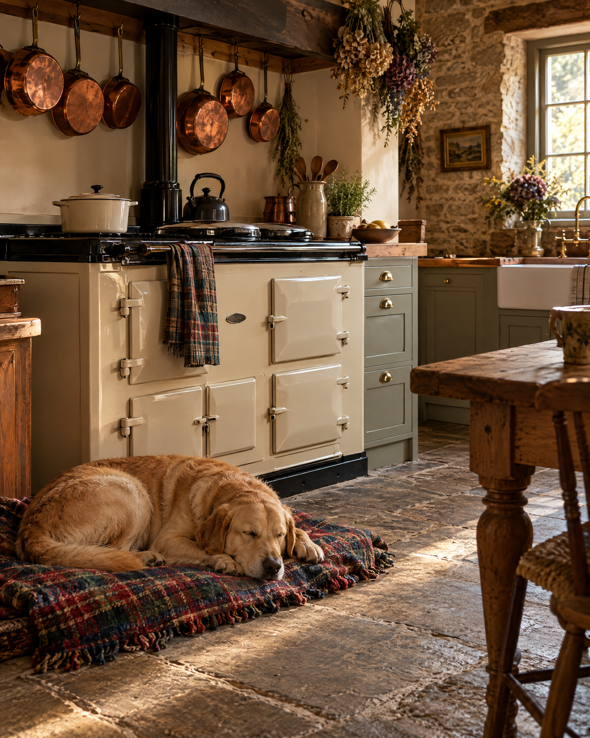 A labrador asleep by the range in a farmhouse kitchen