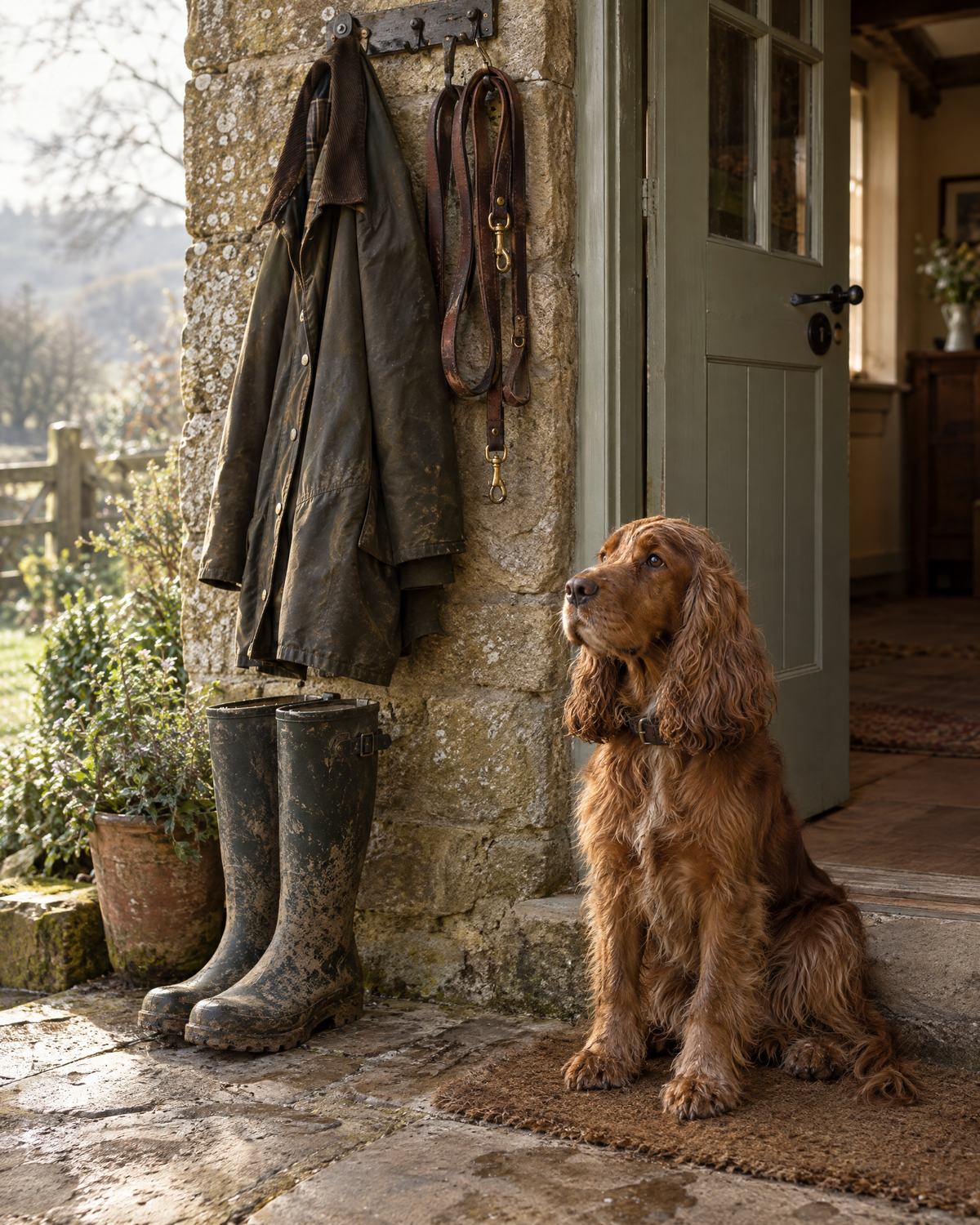 Wellies and dog leads by a farmhouse door with a spaniel waiting