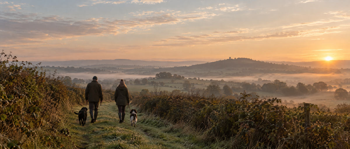 Walking two dogs across the Shropshire countryside at dawn